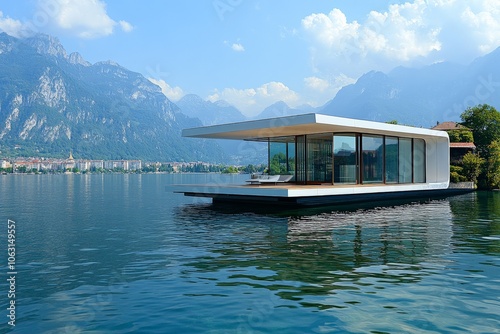 A futuristic floating house contrasts with the urban mountainous background, offering a unique view, blending modern architecture and scenic natural elements.