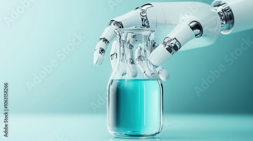 A robotic hand carefully holds a glass beaker containing a bright blue liquid, symbolizing precision, technology, and modern scientific advancements.