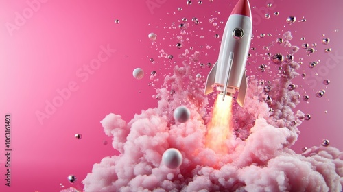 A charming pink rocket soars through a fluffy pink and ethereal environment, illuminated by a burst of fiery propulsion, capturing imagination and aspiration.