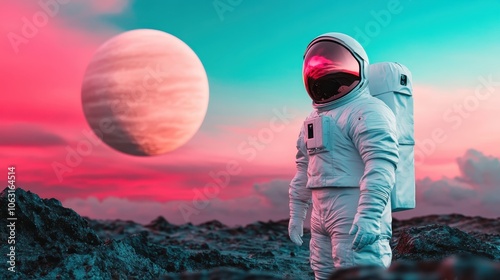 An astronaut stands against a vibrant sunset on an alien planet, where hues of pink and orange engulf the sky and a distant planet looms with promise and wonder.