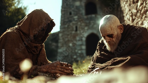 Two monks, cloaking their sorrow with simple robes, sit together in quiet, anguished contemplation at the foot of a historical ruin under soft sunlight, embracing history.