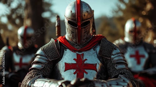 A formidable medieval knight in bright armor, marked with a distinctive red cross, sitting with authority among fellow soldiers, conveying leadership and legacy.