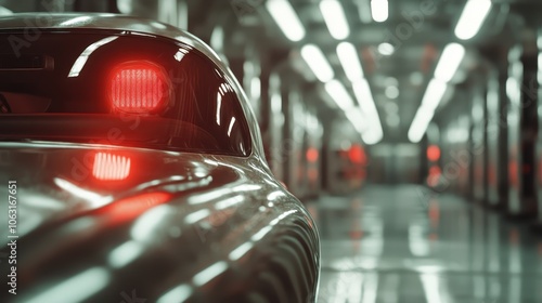 A glossy vehicle reflecting vibrant red lights slides through an ultramodern tunnel, evoking sleek futuristic design and cutting-edge technology vibes.