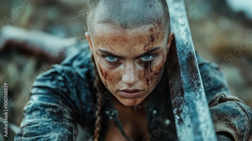 An intense warrior woman with braided hair grips her sword fiercely, conveying power and readiness for battle. Her expression is fierce and her face is fiercely scarred.