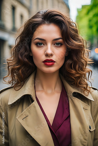 portrait of a woman with gabardine in the street