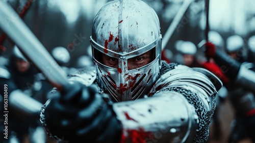 A fiercely determined armored knight stands ready for combat, bloodstains marking their silver armor, amidst a group of fellow warriors, exuding bravery and resolve.