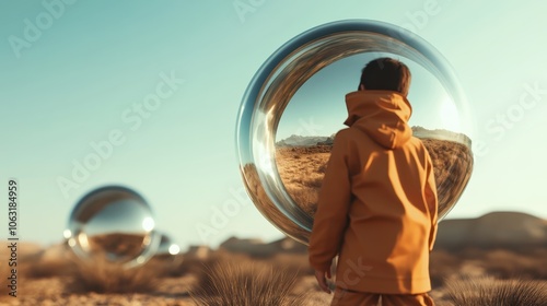 A child encounters a lone reflective bubble amidst a vast desert landscape, symbolizing confrontation with the unknown and the expanse of imagination.