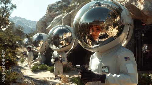 A team of astronauts, equipped with metallic reflective helmets and white suits, explores a rocky, futuristic landscape, symbolizing adventure and human curiosity.