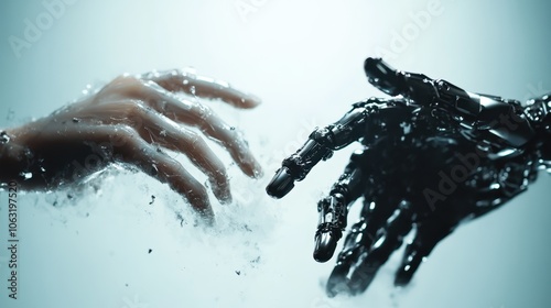 A human hand and a robotic hand touch amidst splashing water, capturing the essence of connection, merging technology with humanity in an elegant visual symphony.