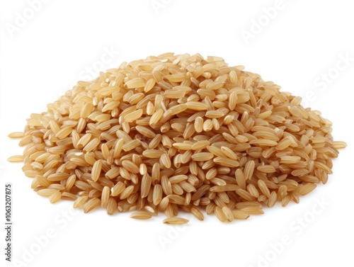 A serving of brown rice with a slightly nutty texture and fluffy appearance Isolated on white background