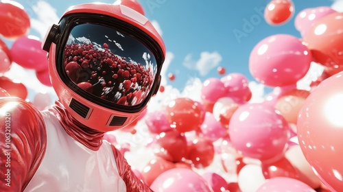 A glossy helmet reflects innumerable pink spheres floating under a bright, clear sky, evoking a sense of wonder and limitless possibilities in a dynamic composition.