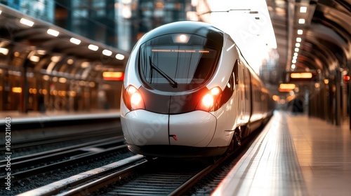 A sleek and glossy train arrives at a bustling modern station with a glass roof, casting reflections and shadows in a dance of light, symbolizing progress and efficiency.