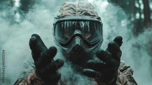 A paintball player, fully equipped and masked, stands in a smoky forest setting, creating a mysterious and captivating atmosphere blending strategy and intrigue.