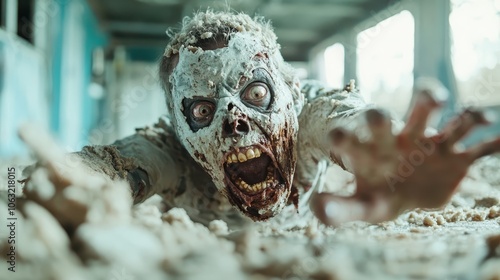 A haunting zombie figure with decayed flesh crawls painfully through an abandoned building, symbolizing decay and fear. Ideal for horror and suspense themes.