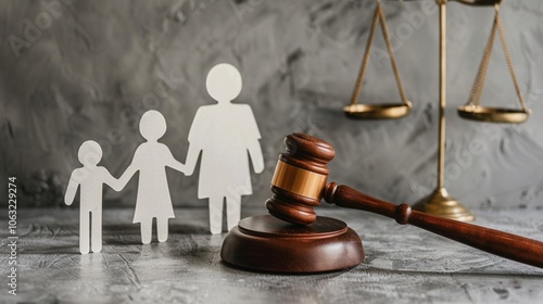 Toy mother and children on judge workplace image. Court proceeding in divorce case photography scene wallpaper. Family laws regulating relationship concept photorealistic photo