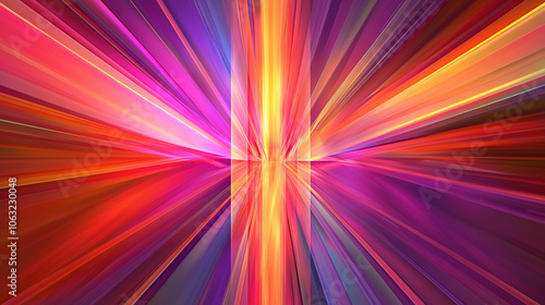 Symmetrical beams of pink, purple, orange, and yellow light radiate from a central axis.