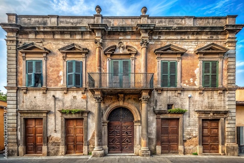 Characteristic and ancient facade of a building in Aversa reflected in water