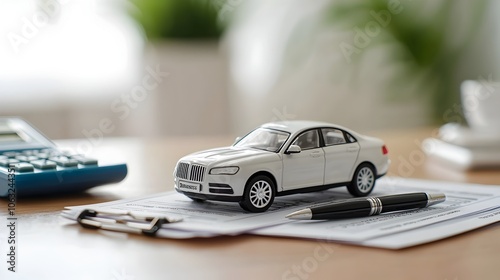 Closeup of a small toy car model placed next to a stack of car insurance documents a pen and a calculator on a wooden office desk Concept of car ownership vehicle insurance and financial planning