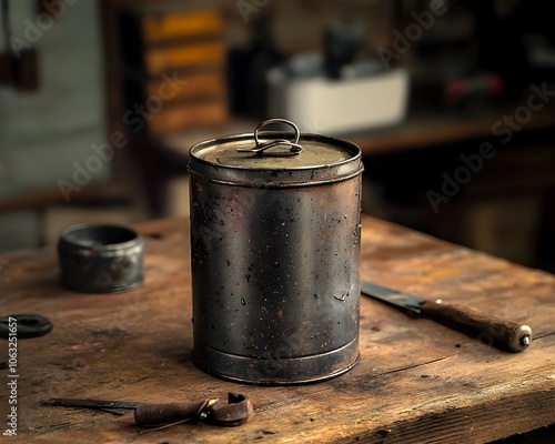 Vintage Oil Can and Greasy Tools on Weathered Wooden Workbench Symbolizing the Traditional Role of Oil in Mechanics