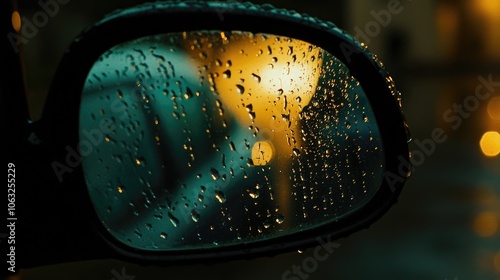 Close up of a car s side rearview mirror covered in raindrops