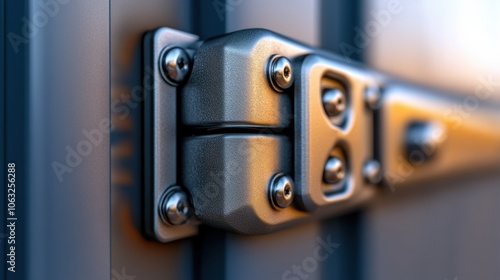 Close-up of a sturdy metal hinge on a blue industrial door, AI