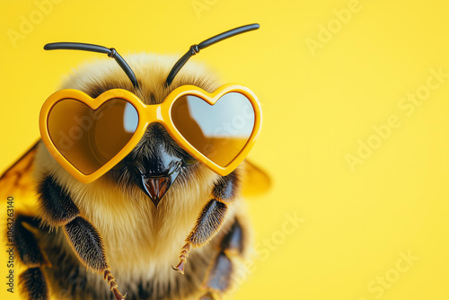 bee wearing heart-shaped yellow sunglasses on an isolated pastel yellow background, a funny animal in the concept of love for Valentine's Day celebration or a Valentine's party decoration idea