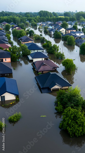 Aerial view of suburban homes flooded after severe rainfall, leading to extensive property damage and displacement of residents