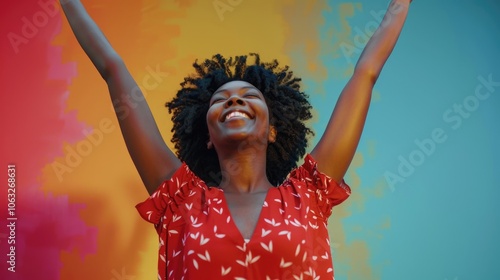 A woman with her arms raised in defeat or surrender