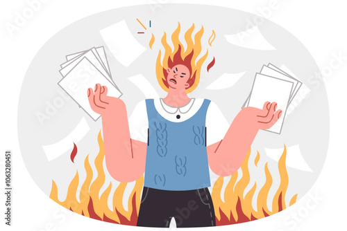 Angry man, nervous about bureaucracy and overabundance of paperwork, stands among flames