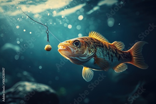 A Bass Fish is Attracted to Bait on a Fishing Hook Underwater in a Tranquil, Sunlit Lake Environment