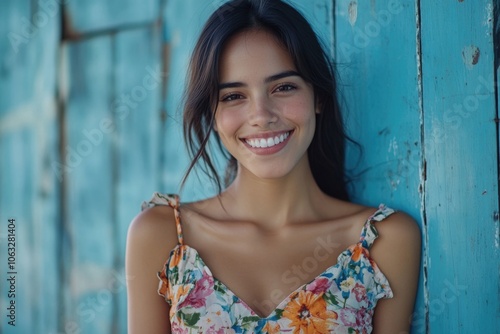 A beautiful young woman posing in front of a bright blue wall, perfect for editorial or commercial use