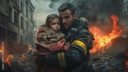  A firefighter with an anxious look protects a little girl wrapped in a gray blanket against the background of burning buildings and devastation.