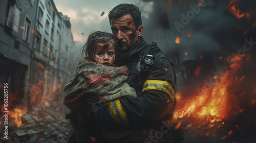  A man in a protective uniform hugs a girl stained with dirt and with scratches on her face, trying to protect her from the chaos and destruction around.