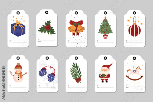 Set of festive gift tags with Christmas elements. Cute Tags with Santa, Christmas tree, snowman, bells and other classic Christmas symbols. Vector modern illustration on white isolated background.