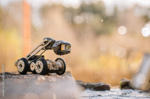 A compact, wheeled inspection robot on a reflective surface, with a blurred natural background, suggesting outdoor exploration and technology..