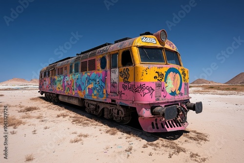 An old train covered in colorful graffiti tags, with layers of paint from various artists over time