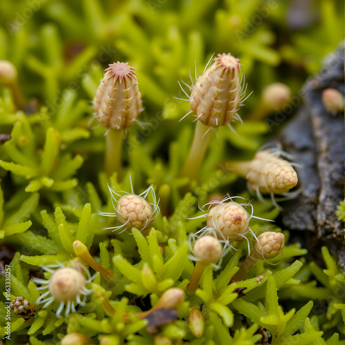 Moss with seed capsules, spore capsules, natural monument Hutewald Am Halloh, near Albertshausen, macro photo, close-up, Kellerwald-Edersee nature park Park, Hesse, Germany, Europe