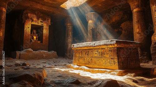 Interior of old pyramid or pharaoh's tomb with sarcophagus on stone, inside shot with sun rays, ancient tomb