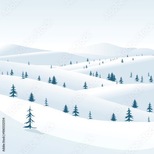 Minimalistic winter landscape illustration with snow-covered hills and scattered pine trees under a soft, pale sky. Tranquil and serene scene, perfect for holiday themes and seasonal designs