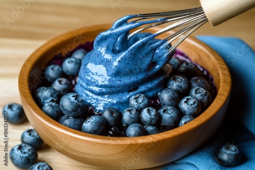 Whisking pancake batter with blueberries, with fresh berries and smooth batter creating a delicious breakfast mix