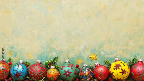  Mexican folk-art-inspired Christmas ornaments in vibrant colors, with tiny stars and holly on a soft sage background