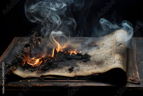 A burning flame of fire on the pages of an ancient book