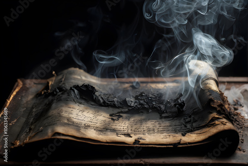 Smoldering flames of fire on the pages of an ancient book