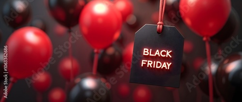 Black Friday sale poster template with a 3d price tag and red and black balloons. Black Friday banner concept promotion campaign