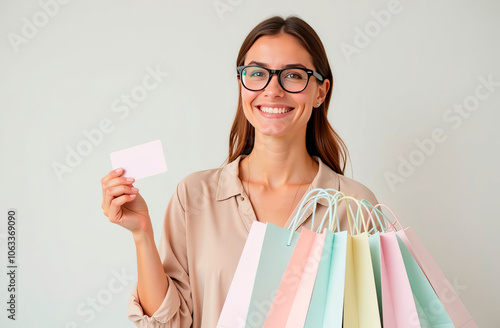 A woman is holding a stack of colorful shopping bags in one hand and a blank credit card in the other. She is dressed in a beige shirt, suggesting a shopping theme. The setting is neutral.