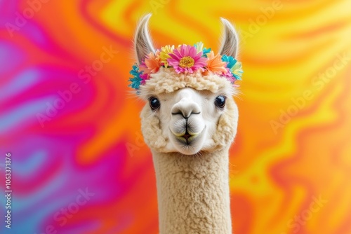 Cute alpaca with goofy grin and colorful flower crown on vibrant background