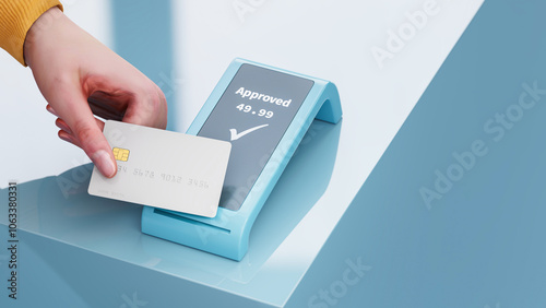 Credit card transaction. A neutral contactless credit card with fake name and number being held in front of a contactless card reader. 3d render - copy space