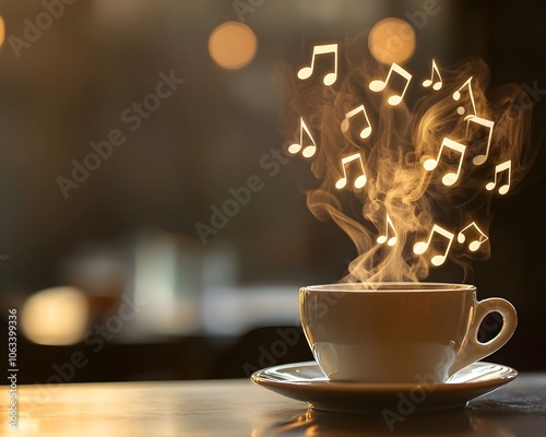 Steaming Coffee Cup With Rising Music Notes Symbolizing Warm Morning Ritual and Comfort of Music