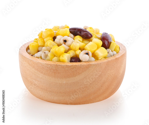 Mixed Grains Corn, Millet and Red Beans in wooden bowl on white background