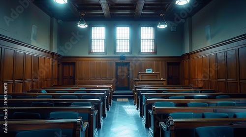 The courtroom has empty benches and wooden panels, creating a serious pre trial atmosphere